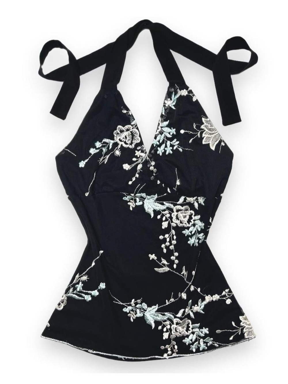 Y2K 2000s Fairycore Mesh Wrap Front V-Neck Halter Tank Top w/ Flower Embroidery